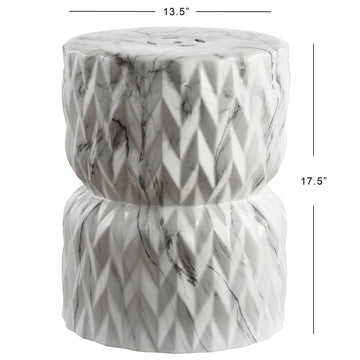 Chevron Drum 17.5" White Marble Finish Ceramic Garden Stool - JONATHAN Y
